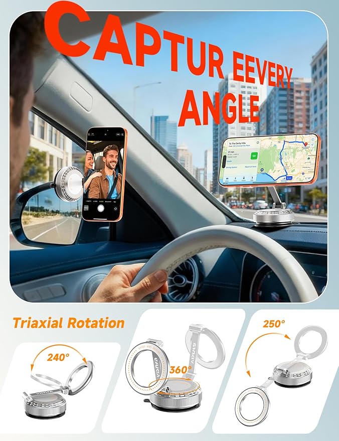 Vacuum Magnetic Phone Holders for Your Car [105+LBS Suction & 3800gf Magnetic] 360° Adjustable Magsafe Car Phone Holder Mount for iPhone 17 16 15 14 13 12 Series & Android, Pure Zinc Alloy