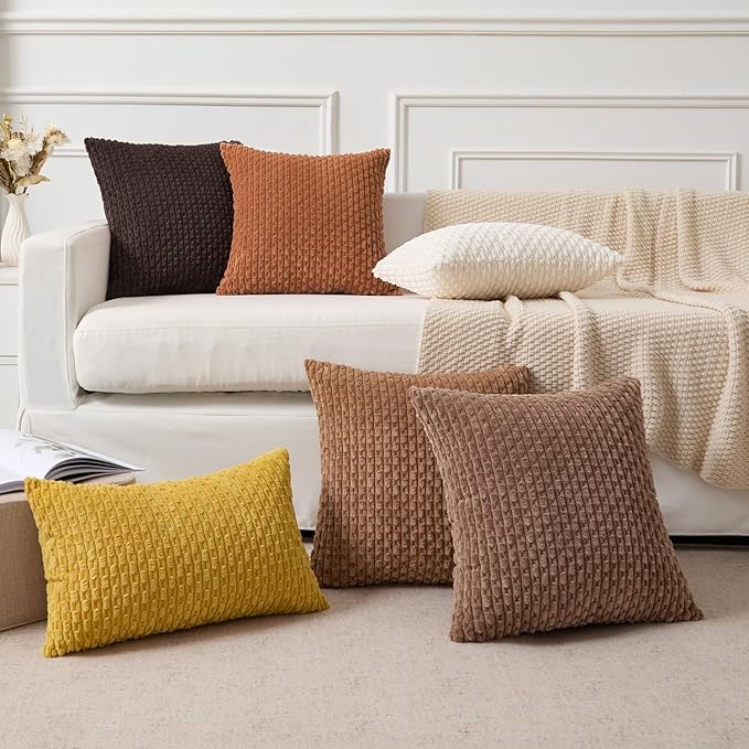 Kevin Textile Decorative Pillow Covers Set of 2 Striped Plush Corduroy Pillows Pillowcases Boho Home Decor Cushion Covers for Couch Sofa Bed Living Room 24x24 Inch, Burnt Orange