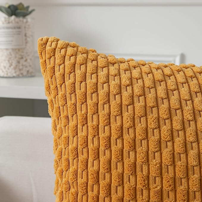Kevin Textile Throw Pillow Covers Soft Corduroy Decorative Set of 2 Boho Striped Pillow Covers Pillowcases Farmhouse Home Decor for Couch Bed Sofa Living Room 22x22 Inch Golden Yellow