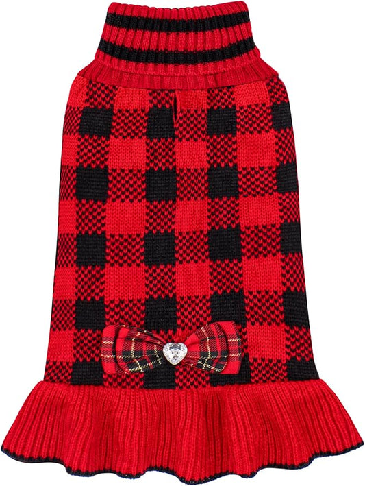 KYEESE Dog Christmas Sweater Dress with Bowtie Checkered, Turtleneck Dog Sweater for Small Dogs Girl with Leash Hole, Holiday Warm Pet Sweaters Dress, Red, Medium