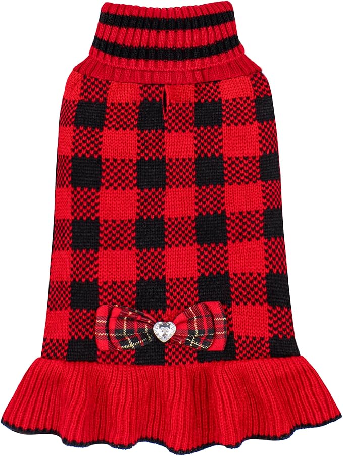 KYEESE Dog Christmas Sweater Dress with Bowtie Checkered, Turtleneck Dog Sweater for Small Dogs Girl with Leash Hole, Holiday Warm Pet Sweaters Dress, Red, X-Large