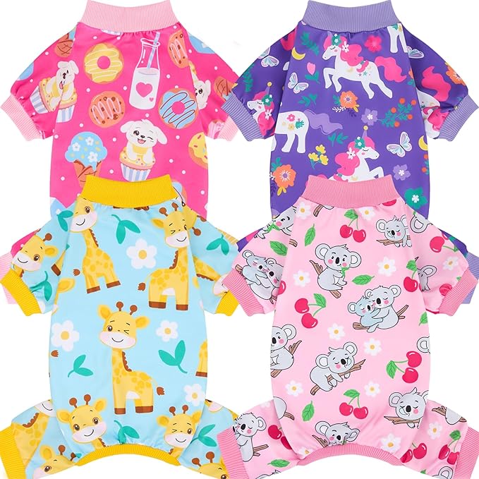 XPUDAC 4 Pieces Dog Pajamas for Small Medium Sized Dogs Stretchable Dog Pjs Soft Puppy Clothes Boy Girl Cats Pet Outfits, M
