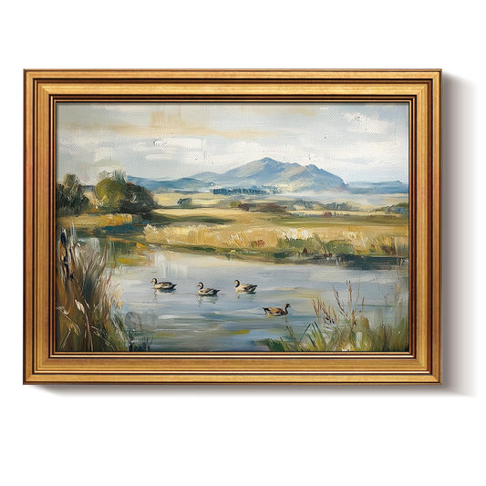 Bzstyleart Vintage Wall Art Decor for Living Room, Gold Framed Canvas Wall Art Home Decor Aesthetic, Ducks Pond Landscape Prints, Canvas Picture Print Artwork, 12 x 16 Inch