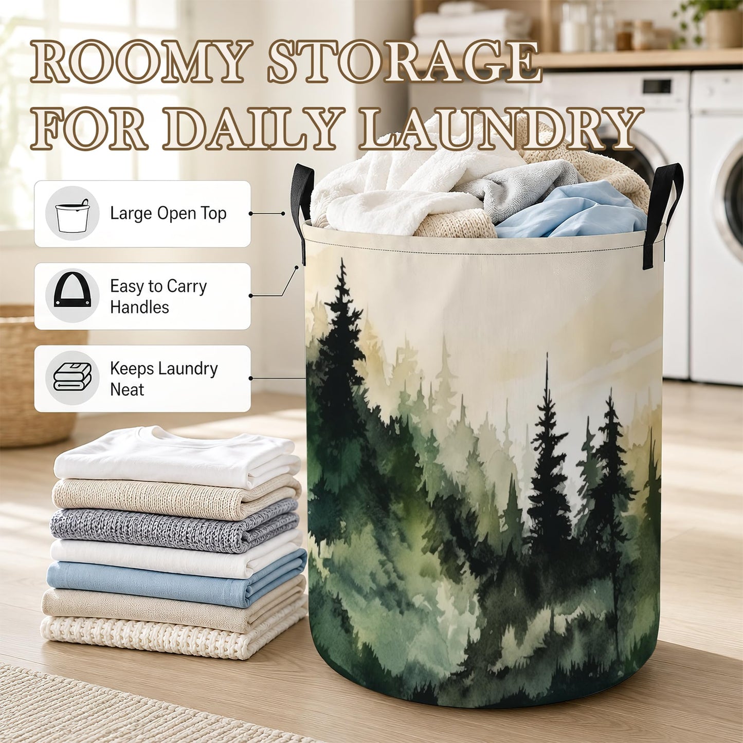 Misty Forest Laundry Basket Oxford Cloth Laundry Hamper With Handle Foldable Portable Clothes Storage Basket Storage Bag For Laundry Room/Bathroom/Bedroom/Dormitory 20.8"x16"
