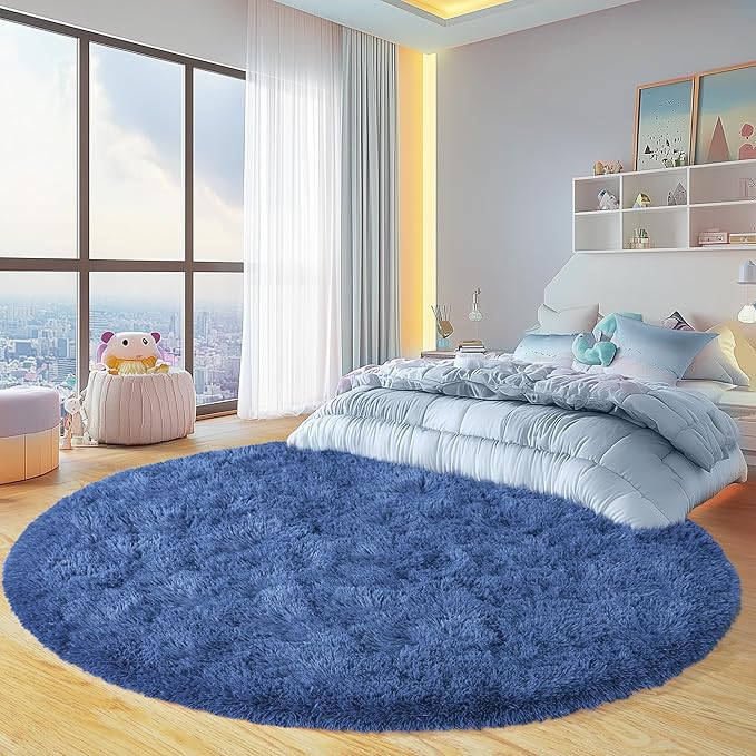 Round Fluffy for Bedroom Rugs, 4Ft Navy Blue Shag Circle Rug Non-Slip for Kids Girls Boys Bedroom Dorm Nursery Playroom, Soft Cute Area Rugs for Living Room Decor