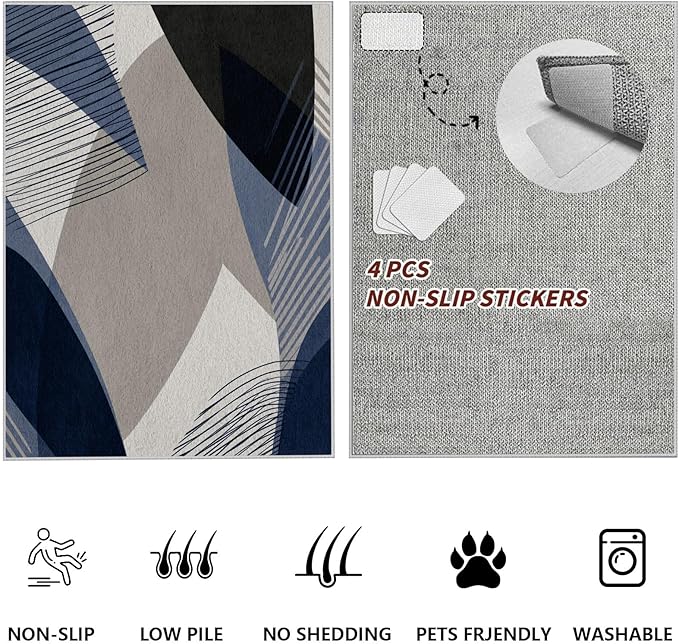 Abstract Art Line Living Room Area Rugs 2x3, Modern Boho Geometric Print Soft Rug, Minimalist Washable Non Slip Neutral Carpet for Bedroom, Dining Room Office Playroom, Navy Blue Gray