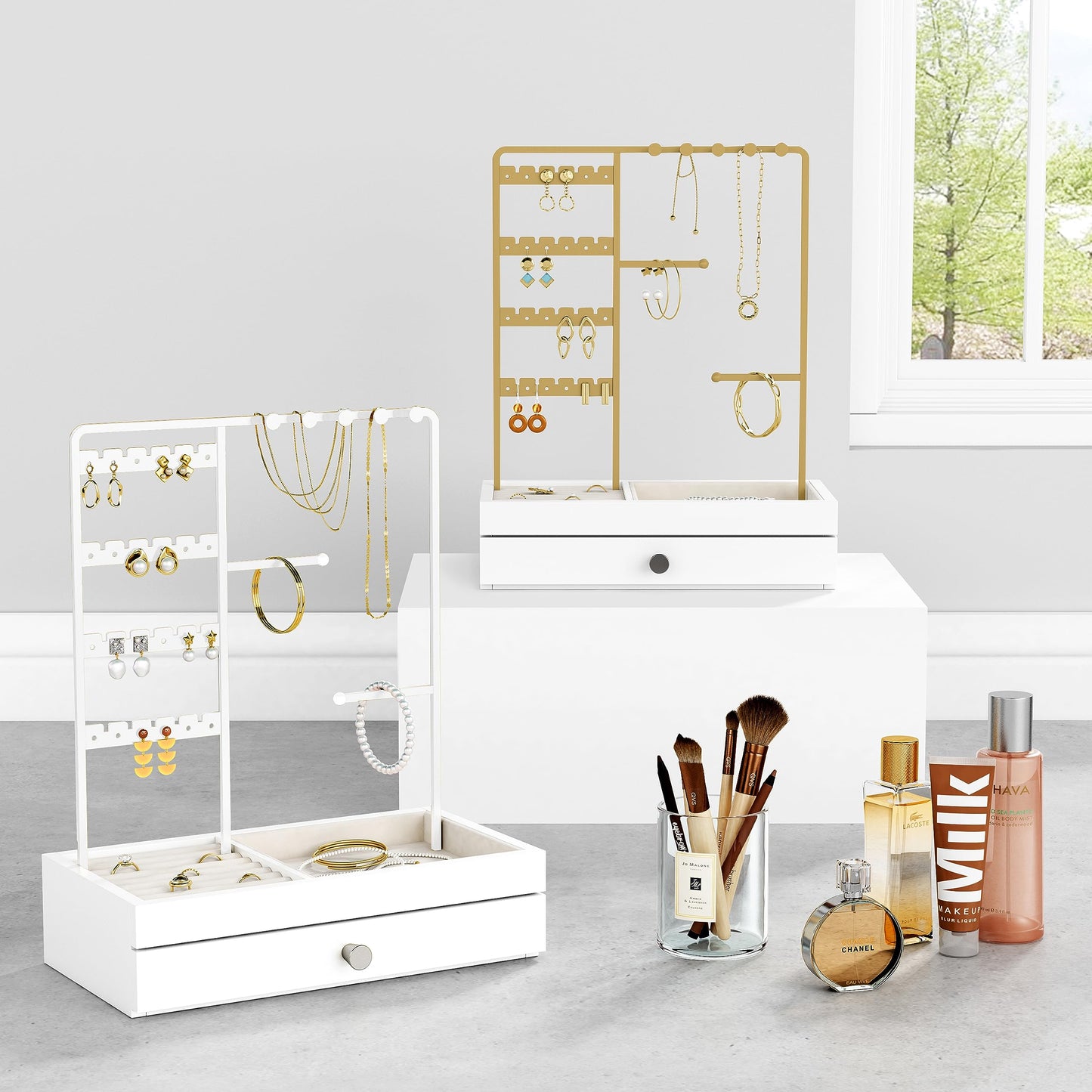 Goozii White Jewelry Organizer Stand Stud Earring Holder, Necklace Display Stand with Drawer, Jewelry Tower Tree for Bracelets Rings, Birthday Valentines Day Gifts for Her Teen Girls Women Wife
