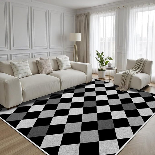 Black and White Rug 3x4, Rhombus Geometric Soft Ultra Soft Faux Wool Low Pile Rug, Indoor Floor Mats Carpet, Non-Slip Stain Resistant Washable Rugs, Modern Abstract Checkered Rugs for Living Room