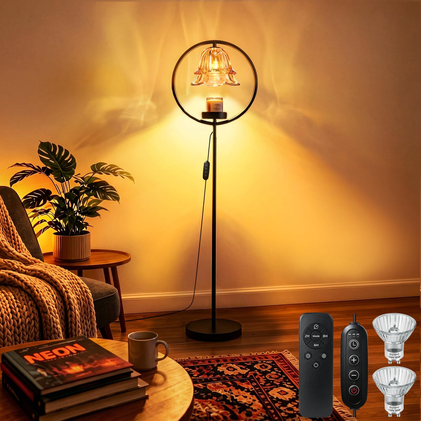Candle Warmer Lamp with Timer & Dimmer, Black Candle Warmer Light for Jar Candles, Birthday Gifts for Women Mom Her, 50W Candle Floor Lamp for Wax Melt Warmer Modern Room Decor Light for Home(2 Bulbs)
