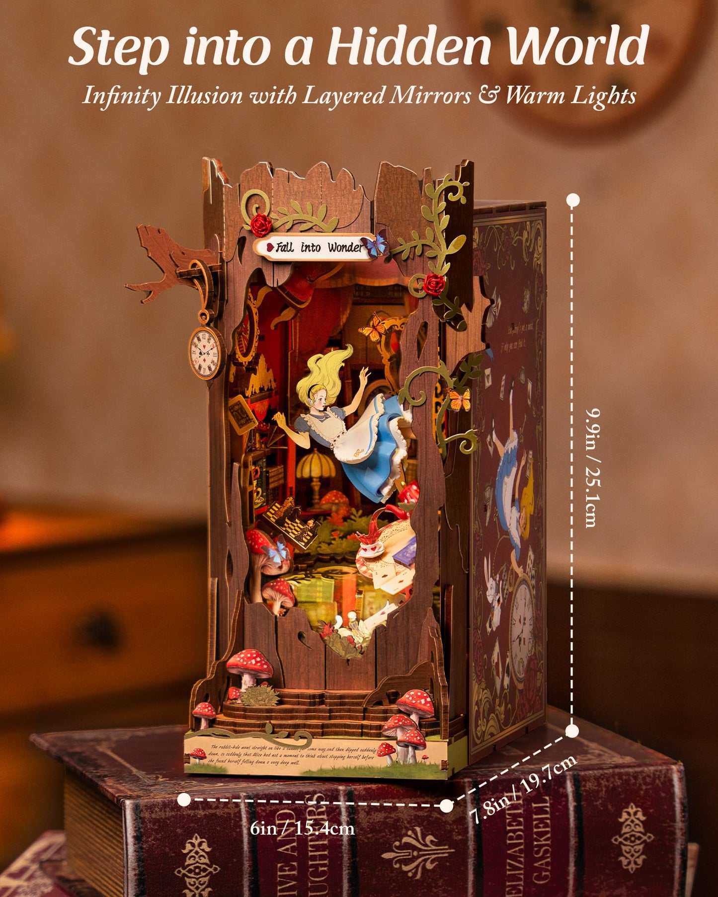 ROBOTIME Book Nook Kit, Fairy Tale Princess DIY Miniature House Kit, Fall into Wonder 3D Wooden Puzzle Bookends, Tiny House Bookshelf Decor Creative Decorative Unique Gifts for Adults & Teens