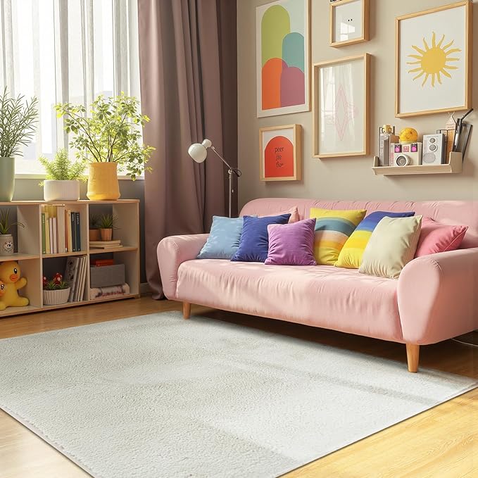 jinchan Solid Plush Area Rug 4x6 Performance Shaggy Washable Rug Indoor Soft Modern Faux Wool Cozy Non Slip Carpet for Living Room Kids Room Bedroom Dining Room Nursery Ivory