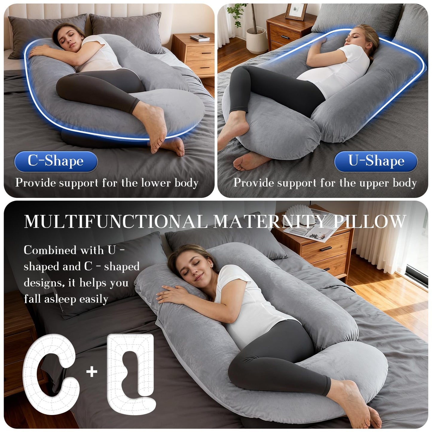 Pregnancy Pillows for Sleeping, U Shaped Full Body Maternity Pillow with Removable Velvet Cover - Support for Back, Legs, Belly, Hips for Pregnant Women, 57 Inch Pregnancy Pillow for Women, Grey