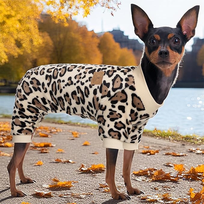 XPUDAC Fleece Dog Pajamas Leopard Dog Sweaters Winter Puppy Clothes for Small Medium Dogs Boy Girl Pet Jumpsuits Doggie Outfits for Christmas
