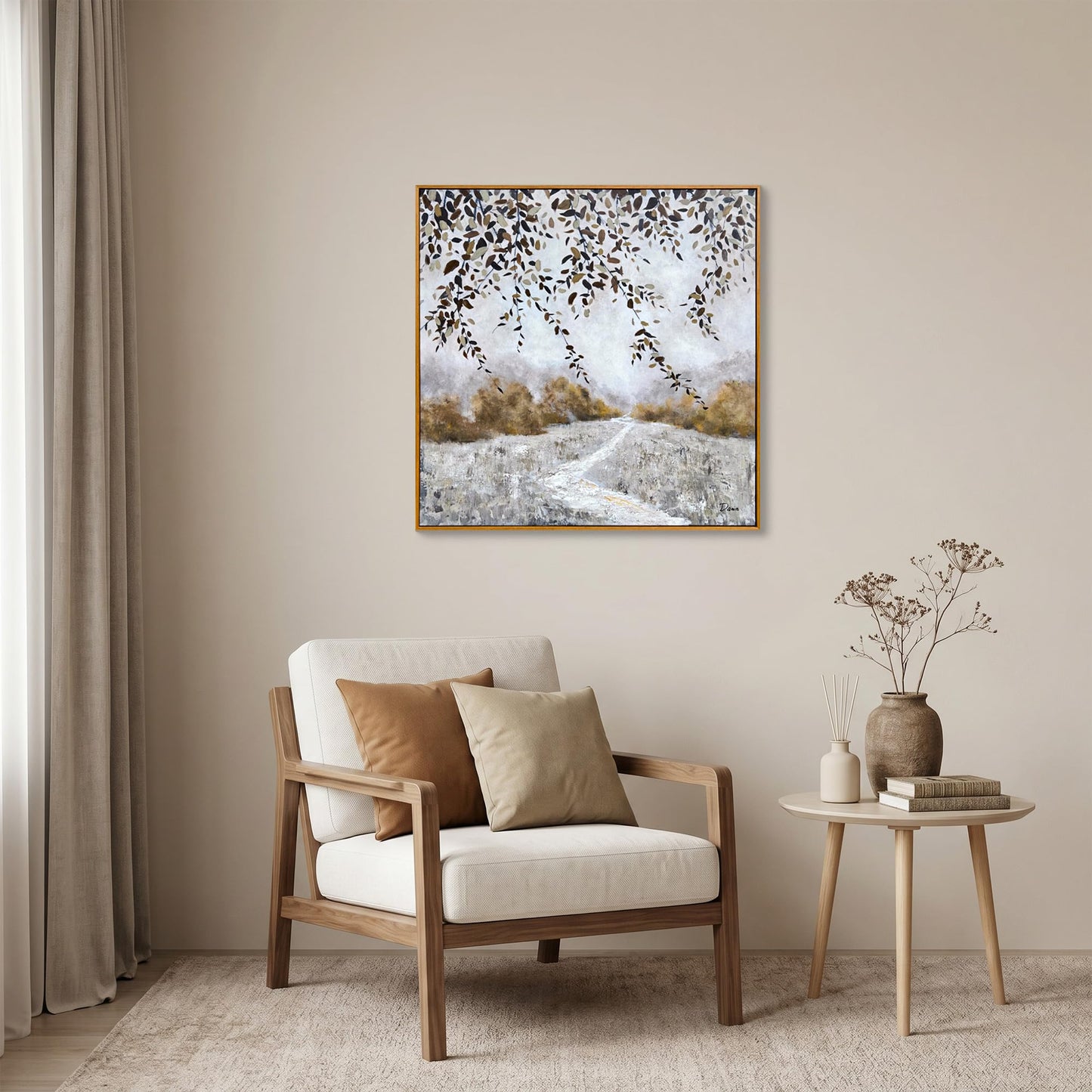 Eonzeun 32x32 Inch Square Framed Textured Canvas Wall Art, Modern Neutral Wabi-Sabi Abstract Landscape Painting for Living Room, Bedroom