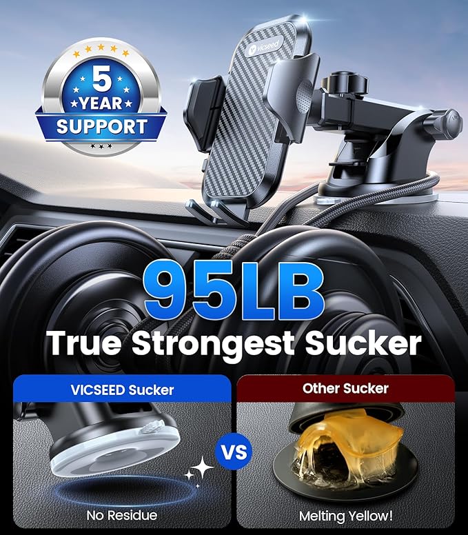 VICSEED True Military-Grade Shockproof Car Phone Holder [95LBS Vacuum-Locked Suction & Automotive-Grade] Cell Phone Mount Dashboard Windshield Vent Wall Truck Boat Cradle Stand for iPhone Android