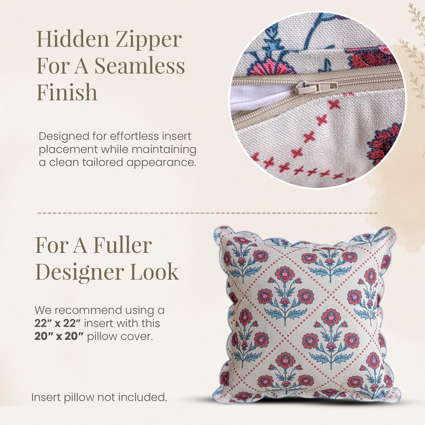 DrapePalette - Scalloped Throw Pillow Covers with Block Print Floral Patterns and Hidden Zipper - Crimson, 20 x 20 Inches Pack of 1 - Soft Indoor Pillow Case for Livingroom, Bedroom, or Lounge