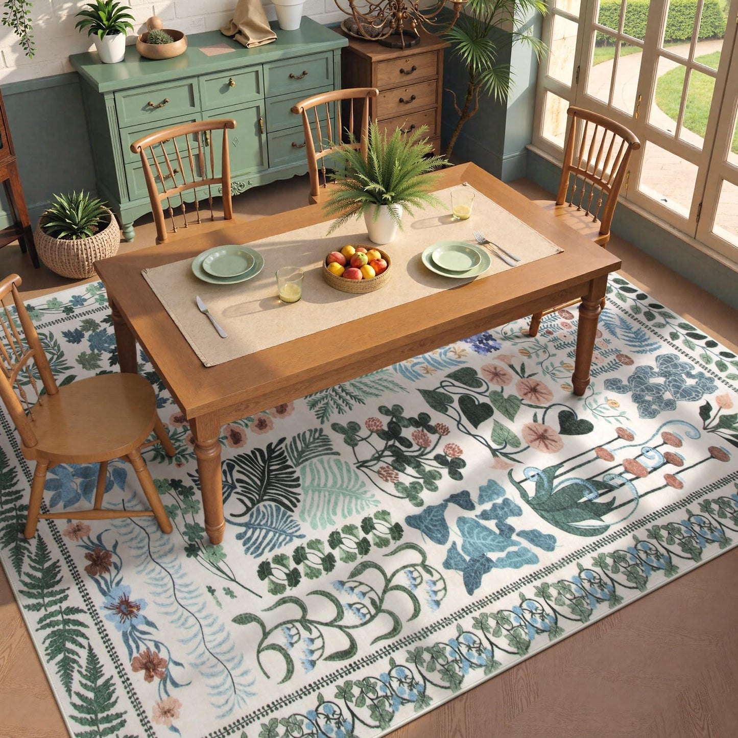 Zealude Floral Boho 5x7 Area Rugs for Bedroom Living Room, Botanical Soft Dining Room Rug, Large Non Slip Stain Resistant Indoor Throw Carpet for Entryway Kitchen Office Playroom (Beige,5 x 7)