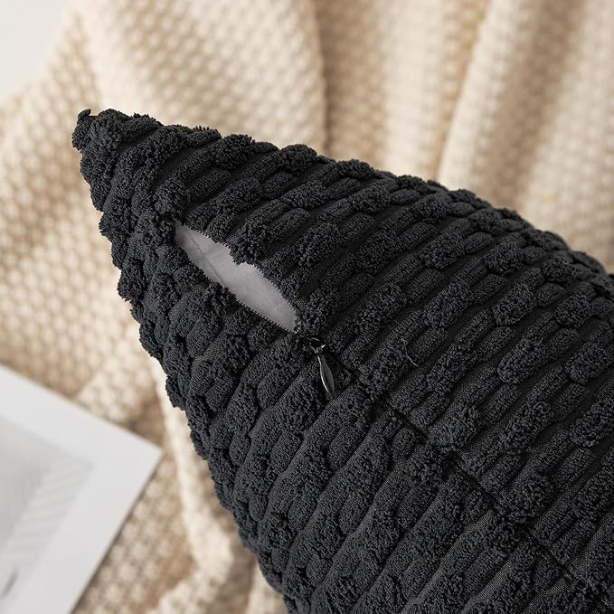 Kevin Textile Pack of 2 Corduroy Decorative Throw Pillow Covers 26x26 Inch Soft Boho Striped Pillow Covers Modern Farmhouse Home Decor for Spring Sofa Living Room Couch Bed Black