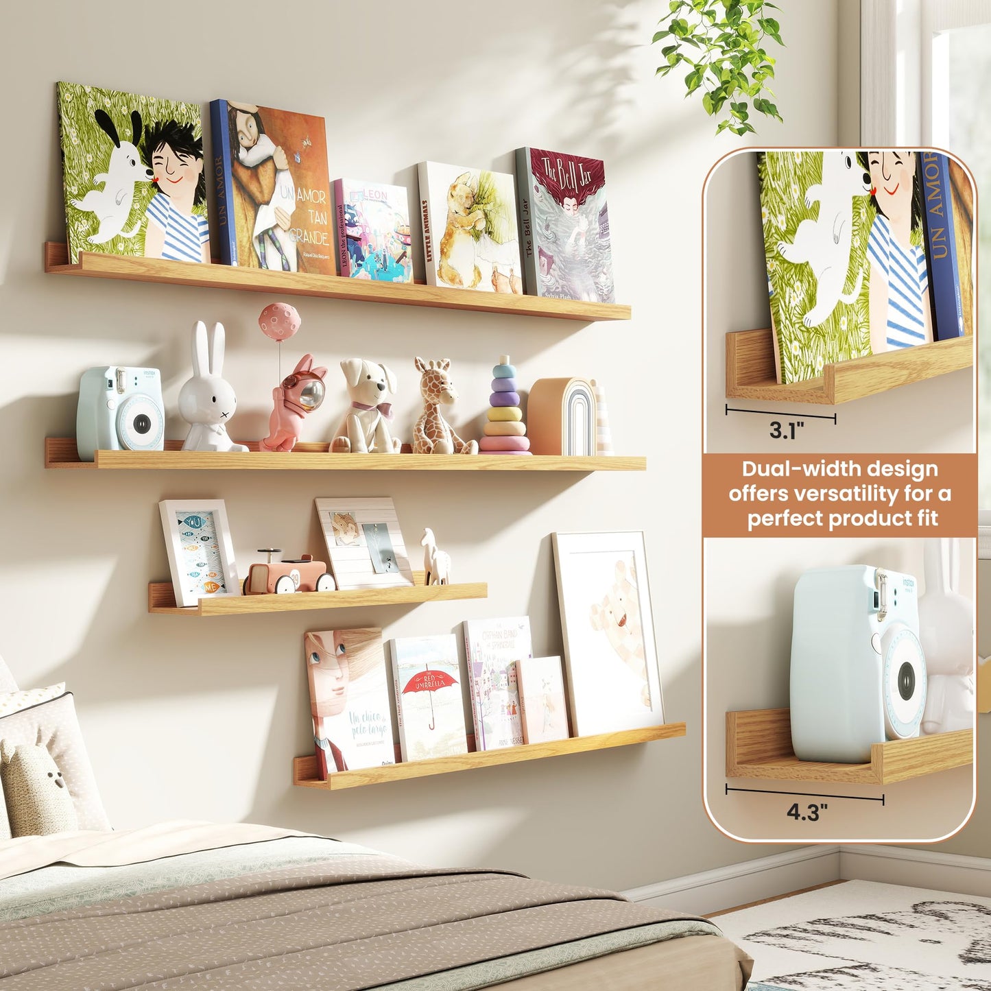 Fun Memories Picture Ledge Shelves Set of 4, 48 Inch Rustic Wall Mounted Floating Shelves with Lip for Home Storage and Décor in Bathroom, Kitchen, Nursery, Bedroom, Living Room, Oak