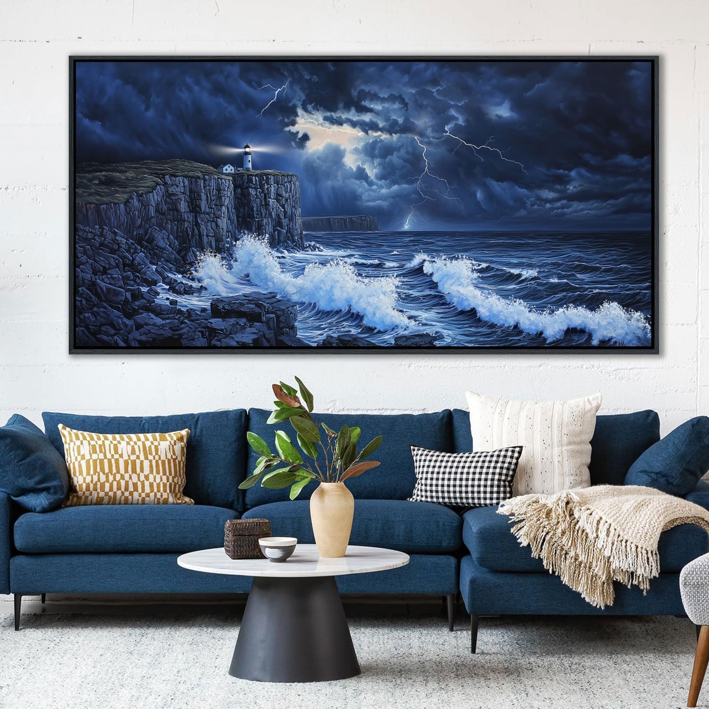 YDYSUNE Large Wall Decor- Ocean Canvas Painting Navy Blue Picture Framed Lighthouse Coastal Wall Art,Huge Waves Seascape Decoration Artwork for Living Room,Bedroom,Office Size 29x58 Inches