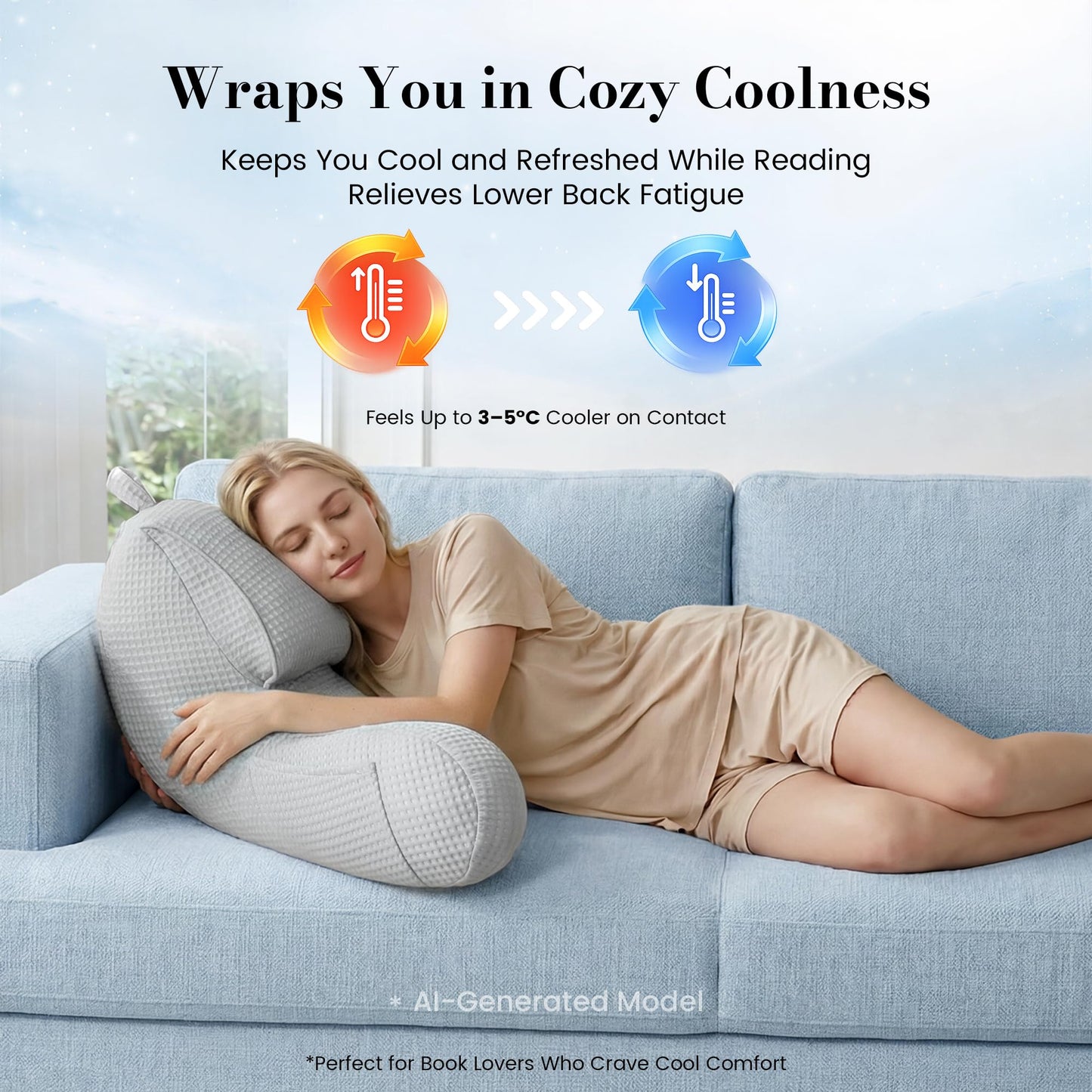 Amélie Home Cooling Reading Pillow with Arms for Adults, Breathable Waffle Fabric Bed Rest Pillow for Sitting Up, Ergonomic Back Support with Pockets for Gaming Relaxing, Cooling Gray, 25 Inches