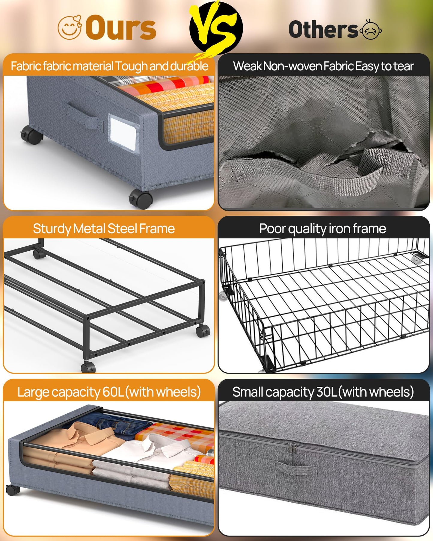 YEEBONIX Under Bed Storage with Wheels, Square Under Bed Storage Containers, 60L Under The Bed Storage Bins, Rolling Metal Drawer for Clothes, Blankets, Shoes...