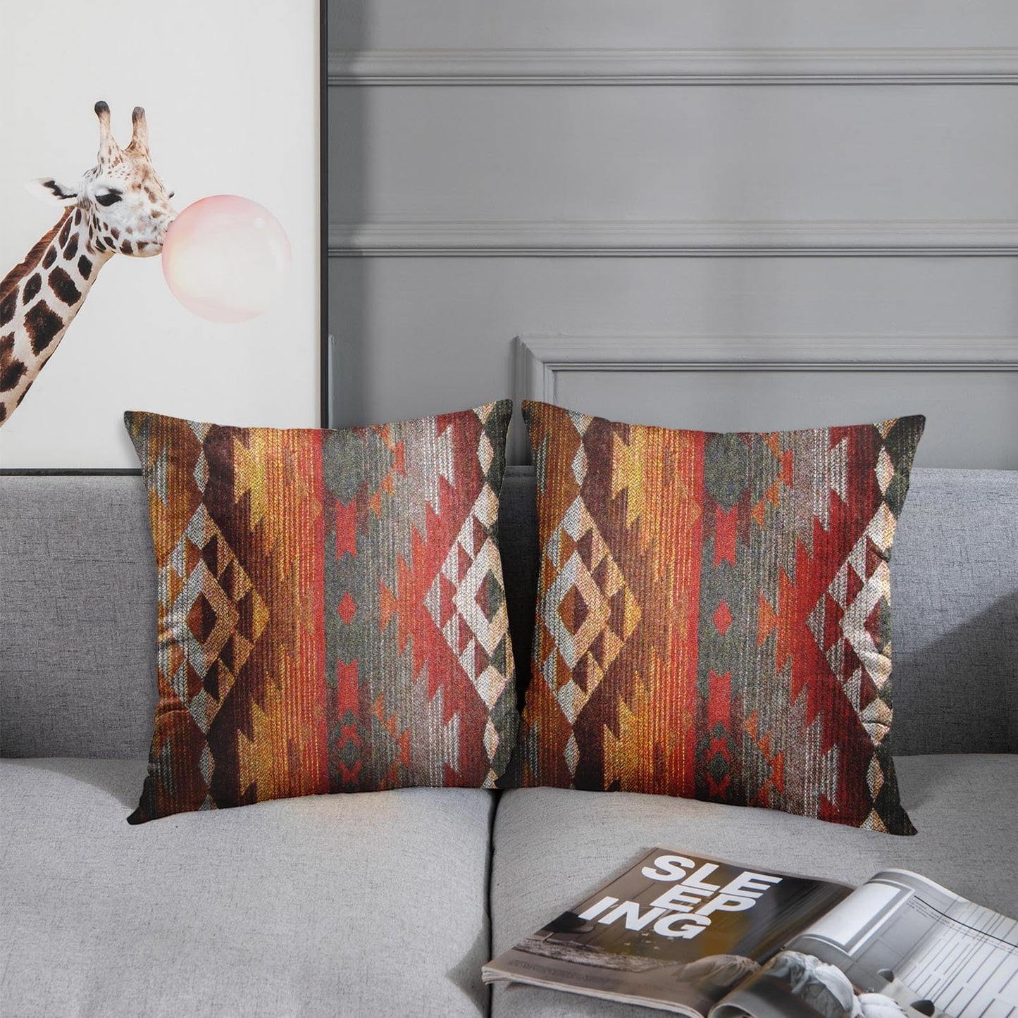 Emvency Set of 2 Aztec Throw Pillow Cover 20x20 Inches Decorative Pillowcase Navajo Orange Red Grey Tribal Decor Rectangle Pillow Cover with Hidden Zipper for Bedroom Sofa
