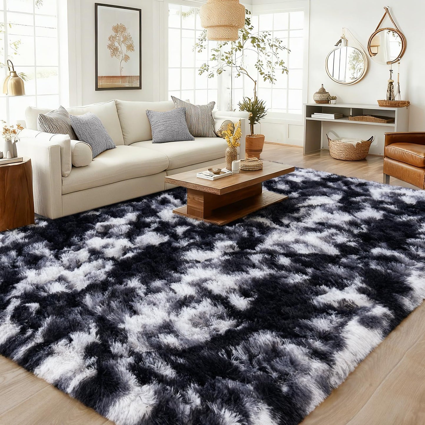 8x10 Area Rugs for Living Room Bedroom, Ultra Soft Fluffy Black and White Large Rug Carpet for Bedroom, Upgrade Non-Slip Fuzzy Shag Plush Rugs for Nursery Boys Girls Kids Room Modern Indoor Home Decor