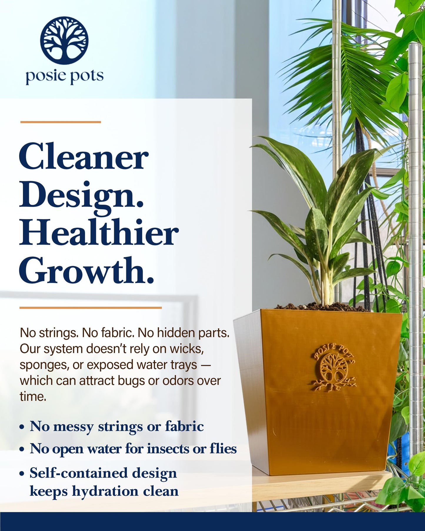 POSIE3DPRINTS Posie Pot Medium Twisted Square - Self Watering Planter 5x5 Inch - Indoor Plant Pot with 30 Day Reservoir - 3D Printed Bioplastic - No Guilt Plant Care - Made in USA, Gold