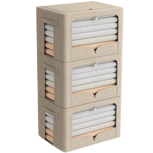 FHSQX 3 Pack Clothes Storage Bins Foldable Metal Frame Storage Box Stackable Linen Fabric Organizer Set with Carrying Handles and Clear Window (Beige, 15.7x11.8x11.8inch(36L))