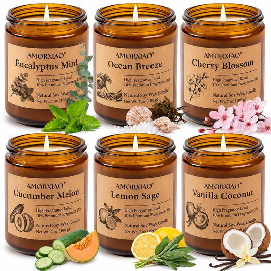 6 Pack Scented Candles for Home Scented: Soy Candles for Women Men, 42oz 300H Burning Aromatherapy Candle Set, Jar Candle Gift Set for Birthday, Scents of Eucalyptus/Sage/Cherry/Ocean/Melon/Vanilla