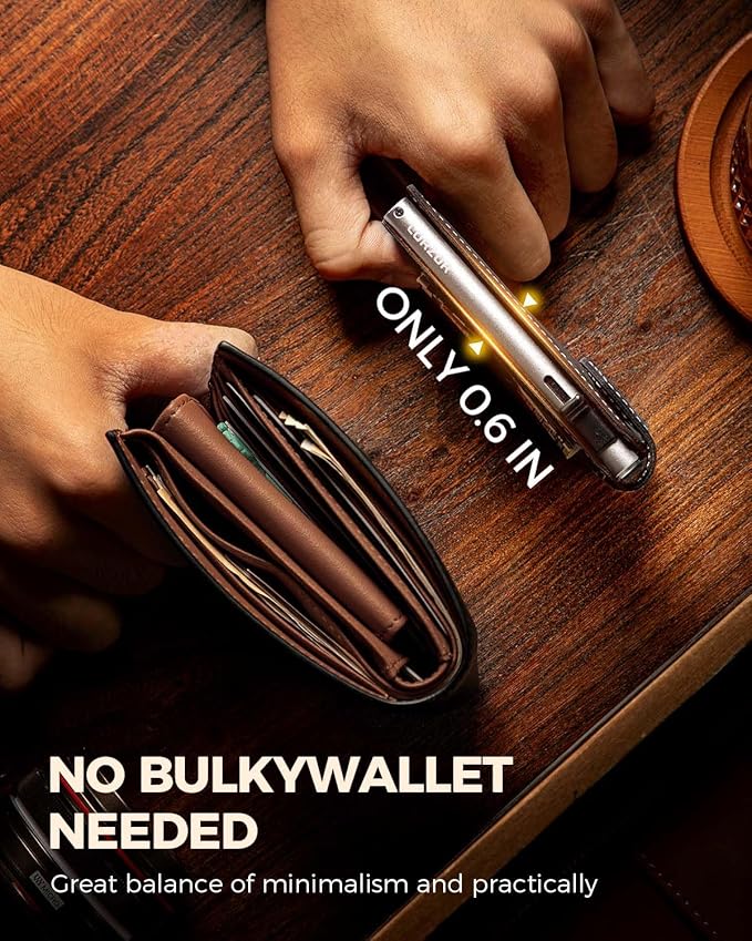 LORZOR Slim Wallet for Men with Security Latch, Pop Up Metal Card Holder Wallet, Finest Full Grain Leather Bifold Wallets, Smart, Minimalist, RFID Blocking, Front Pocket, ID Window