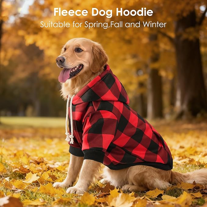 BAOBICUTE Dog Basic Hoodie Soft Dog Clothes Cold Weather Sweaters for Medium Large Dogs Cozy Fabric Warm Sweatshirt with Leash Hole (Red Plaid, XS (Back: 10.24",Chest: 14.96", Neck: 11.42"))