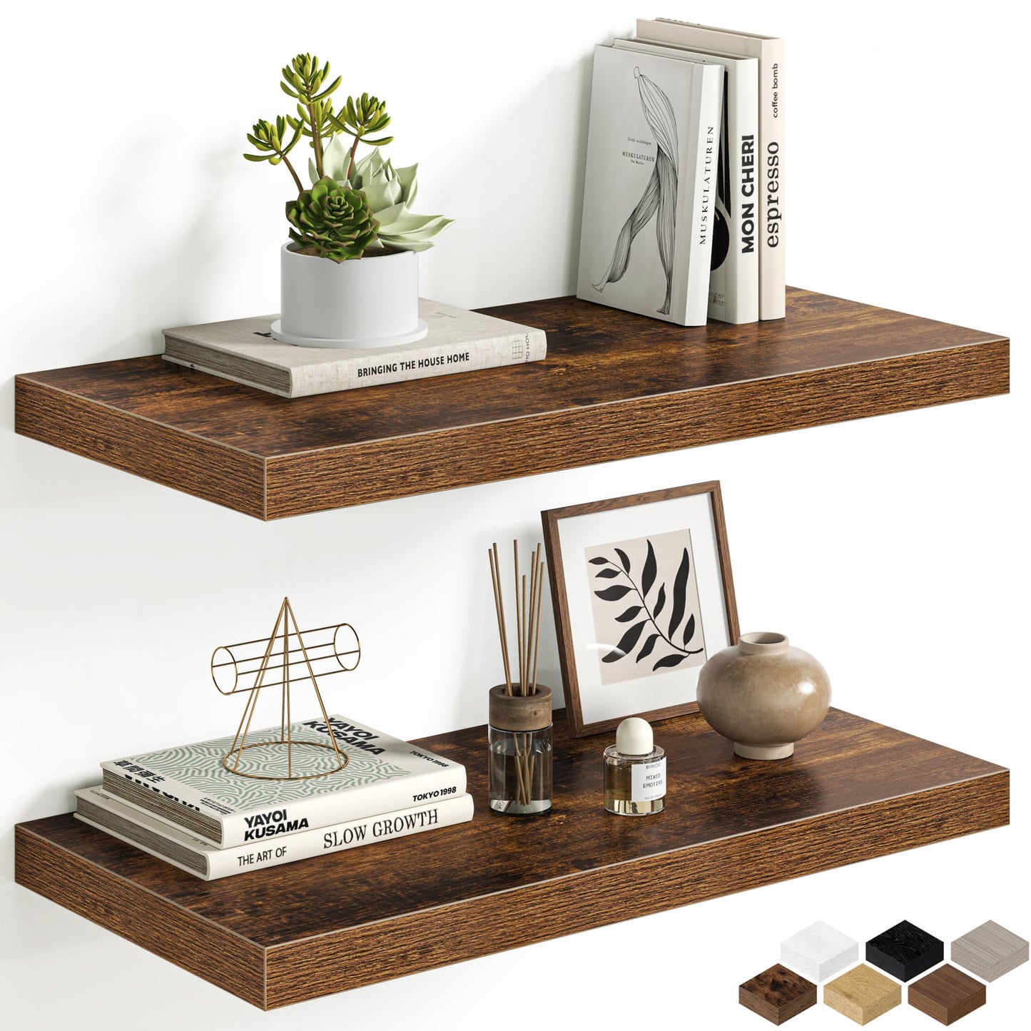 Floating Shelves for Wall, 24 Inch Floating Shelves Set of 2, Wall Mounted Rustic Wood Shelf for Bathroom, Living Room, Bedroom and Kitchen, Hanging Shelf for Storage, Books, Home Decor, Brown