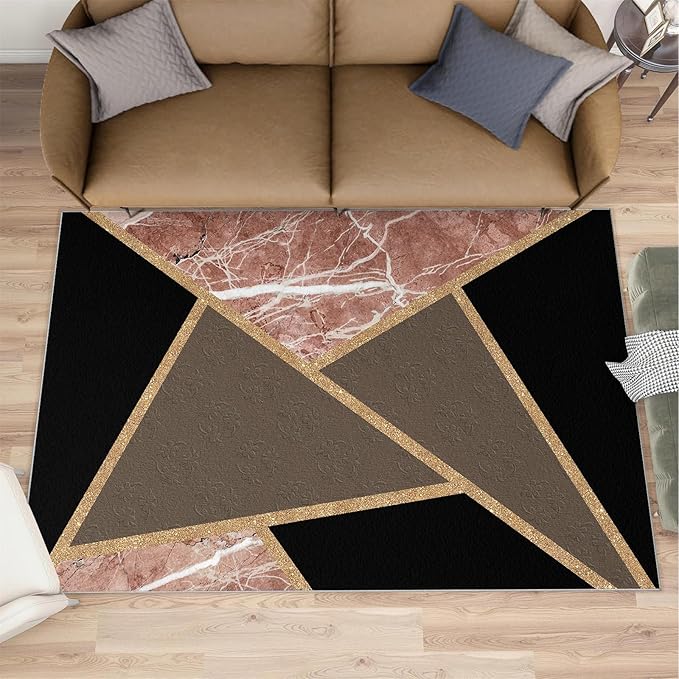 Black Gold Marble Rug Modern Geometric Marble Area Rug Mid-Century Minimalist Geometric Rugs Vintage Crackle Carpet Washable Non-Slip Carpet for Bedroom 7x8ft