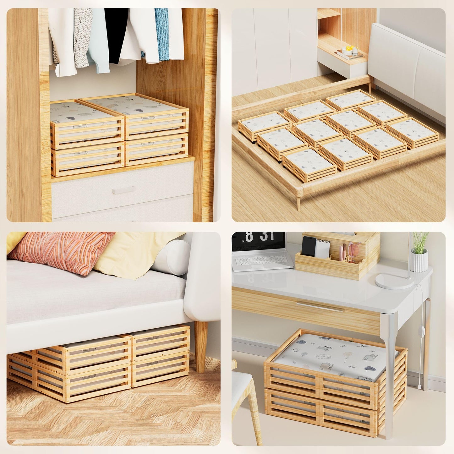 Bamboo Under Bed Storage Containers- Underbed Organizer with Wheels with Large Capacity Dust Bag,Sturdy Wood Rolling Under Bed Shoe Storage Organizer 2 Packs (Nature, 2 Packs (23.62"×16.54"))