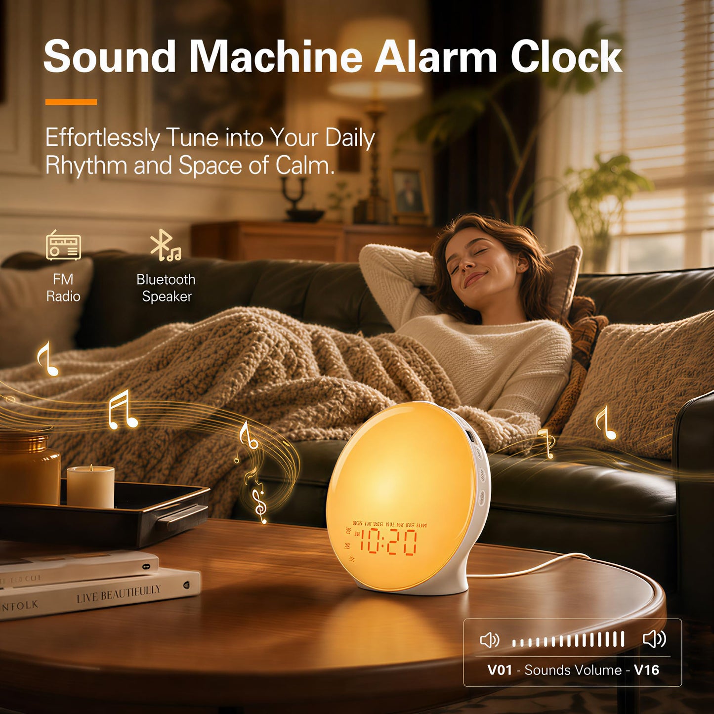 JALL Full-Screen Wake Up Light Sunrise Alarm Clocks for Bedrooms, White Noise Machine for Heavy Sleepers, 25 Natural Sounds, Dual Alarms, FM Radio, 17 Dimmable Colors, Bluetooth Speaker