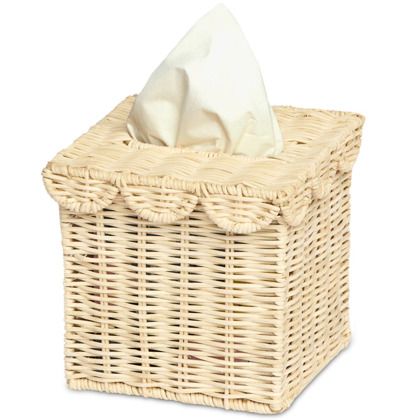 BEBE BASK Handwoven Scalloped Square Tissue Box Cover (4.5 × 4.5 × 5.3 in) – Rattan Tissue Box Cover Square – Elegant Home Accent - Natural