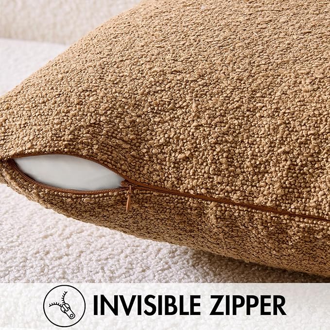 ANRODUO Pack of 2 Textured Boucle Throw Pillow Covers Soft Tobacco Brown Euro Decorative Accent Solid Pillow Cases Cozy Modern Couch Cushion Case for Sofa Bedroom Living Room Home Decor, 22 x 22 Inch