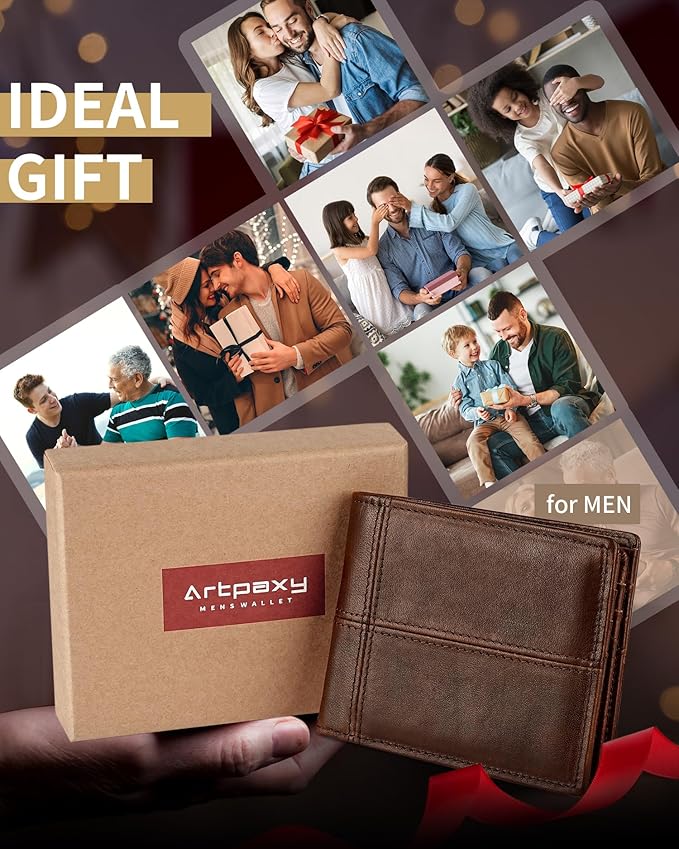 Artpaxy Mens Wallet Bifold Genuine Leather RFID Blocking Wallet for Men with 2 ID Windows 12 Card Holders 2 cash pockets 1 Gift Box
