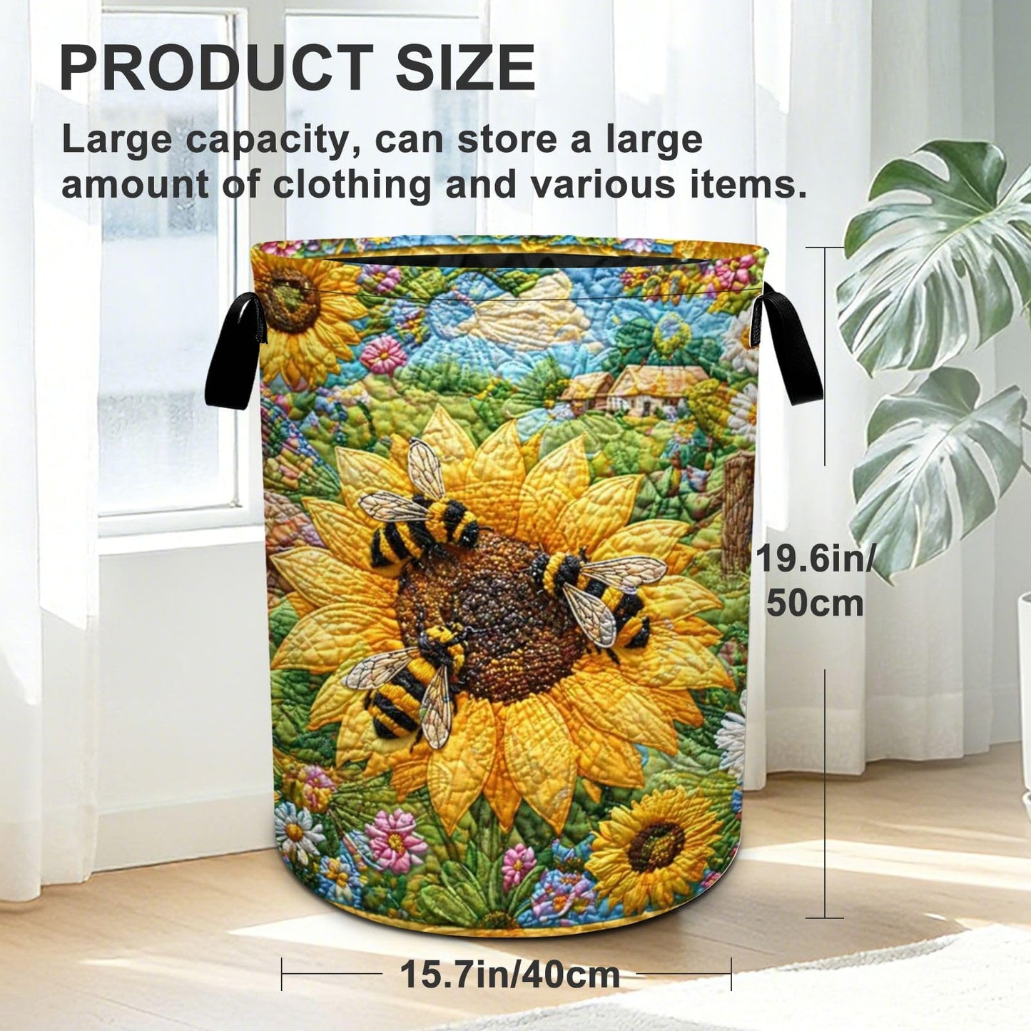 Bee Sunflowers Laundry Basket Foldable Oxford Laundry Hamper With Handle For Room Bathroom Bedroom
