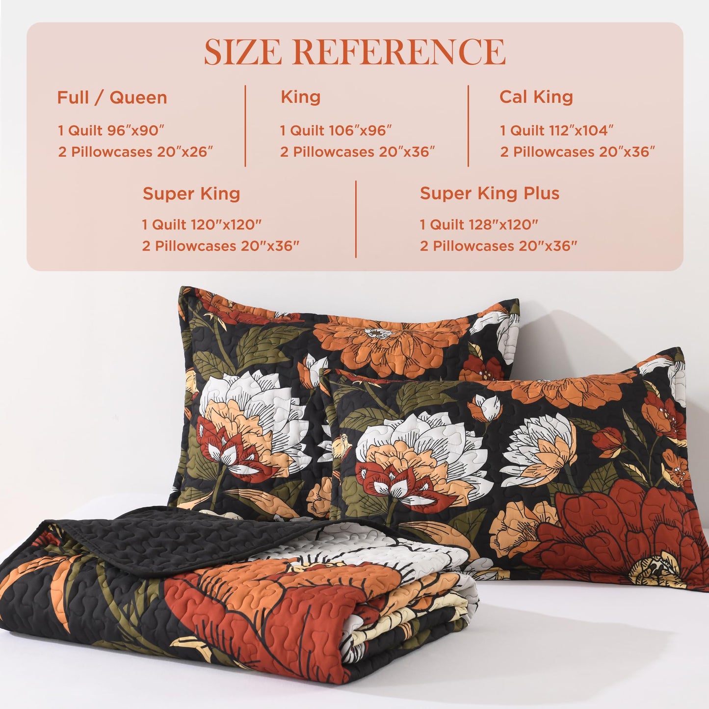 Andency Floral Boho Quilt King Size Bedding Set Black, 3 Pieces Farmhouse Flower Botanical Summer Bedspreads with 2 Shams, Soft Reversible Lightweight Polyester Coverlet Set for All Season, 106"x96"