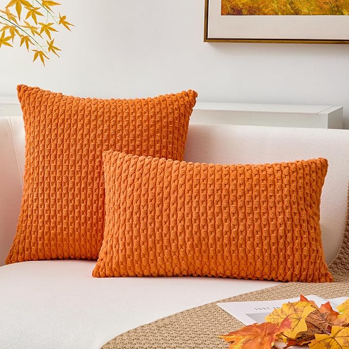 Kevin Textile Fall 2 Packs Decorative Throw Pillow Covers 20x20 Inch for Couch Bed Sofa Modern Farmhouse Boho Home Decor Soft Cute Plush Corduroy Cushion Case Orange 50x50 CM