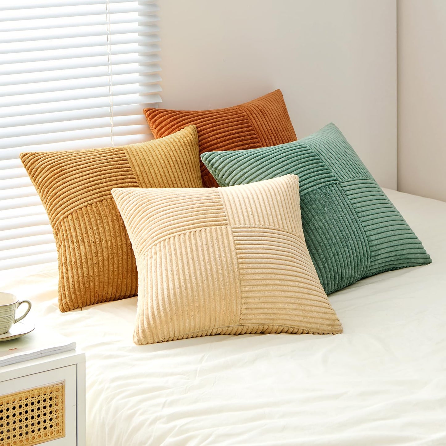 ANRODUO Pack of 4 Decorative Throw Pillows for Couch Orange Teal 18x18 Inch Boho Cozy Soft Corduroy Cushion Covers Farmhouse Accent Pillowcases for Mid Century Summer Home Decor Sofa Bed Living Room