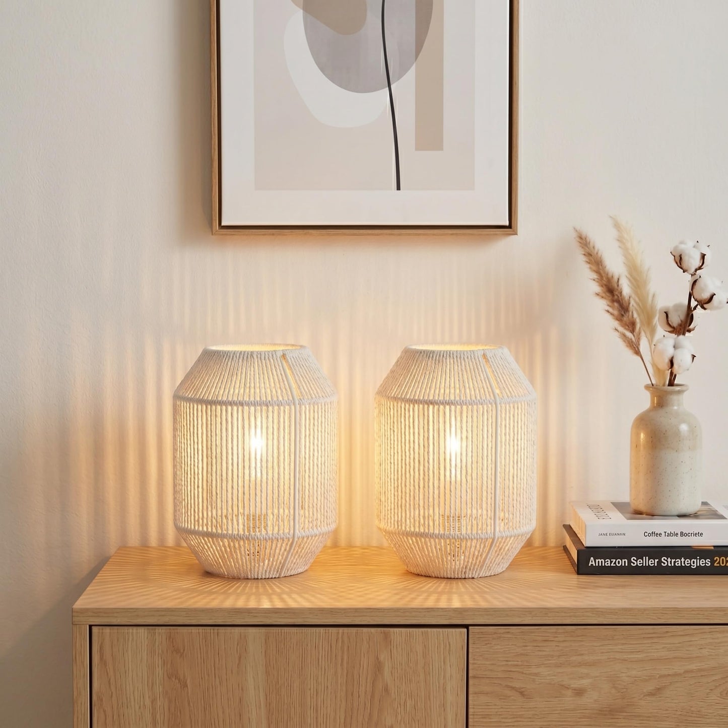 JHY DESIGN Set of 2 Woven Lampshade Table Lamps 8.5" H Cotton Rope Bedside ‌Light‌s Cordless Decorative Battery Operated Lamps with 6 Hours Timer for Bedroom Living Room Weddings Parties Patio