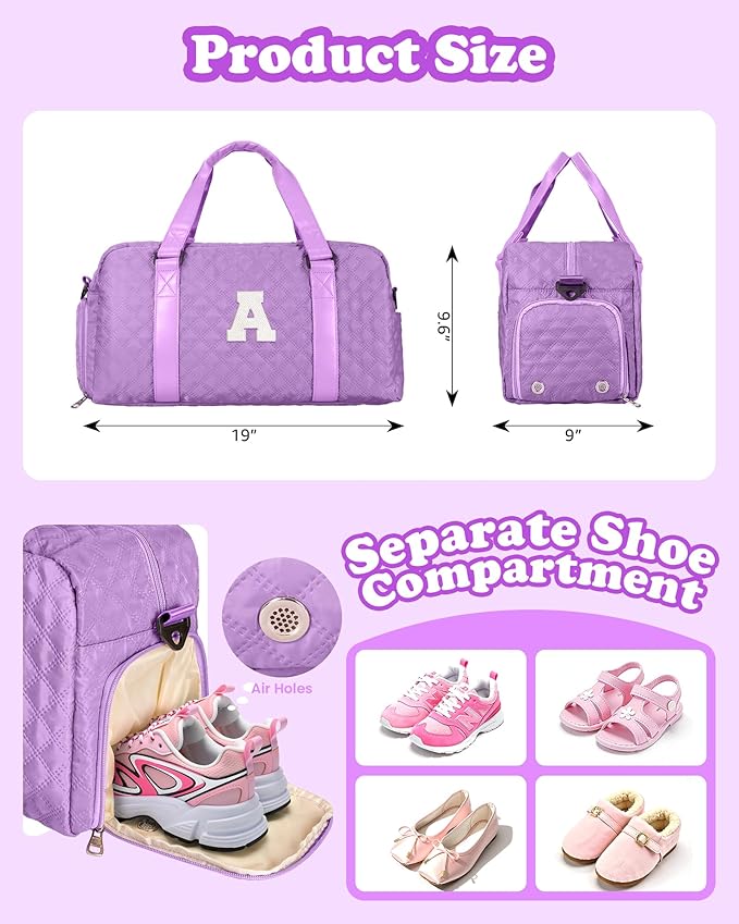 Elilier Initial Travel Duffle Bag Women Girls Gift: Personalized Weekender bags, Dance Cheer bag Sports for Girl, Kid Gymnastics Bags, Birthday Gifts for Women Kids Teens