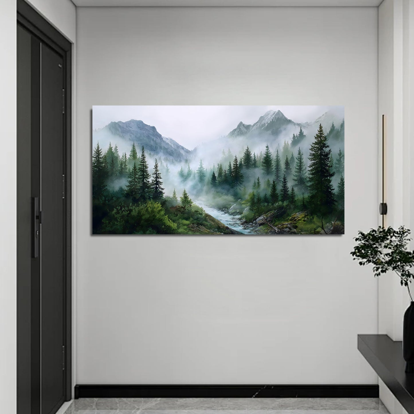 Trogonup Large Misty Forest Wall Art for Living Room Green Mountain Landscape Canvas Prints with Trees and River Modern Nature Artwork for Bedroom Office Home Decor 20"x40"