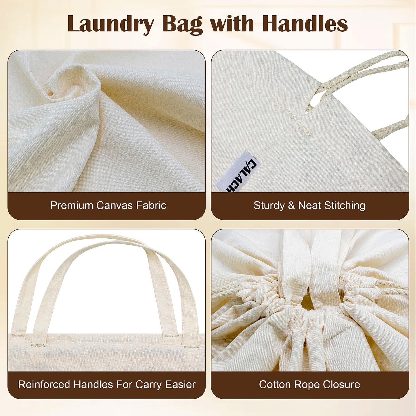 CALACH Canvas Laundry Bags with Handles & Square Base 13.8"Wx13.8"Dx27.6"H, Large Heavy Duty Laundry Hamper Bag, College Dorm Washable Drawstring Canvas Dirty Clothes Sack (Beige,1 Pack)