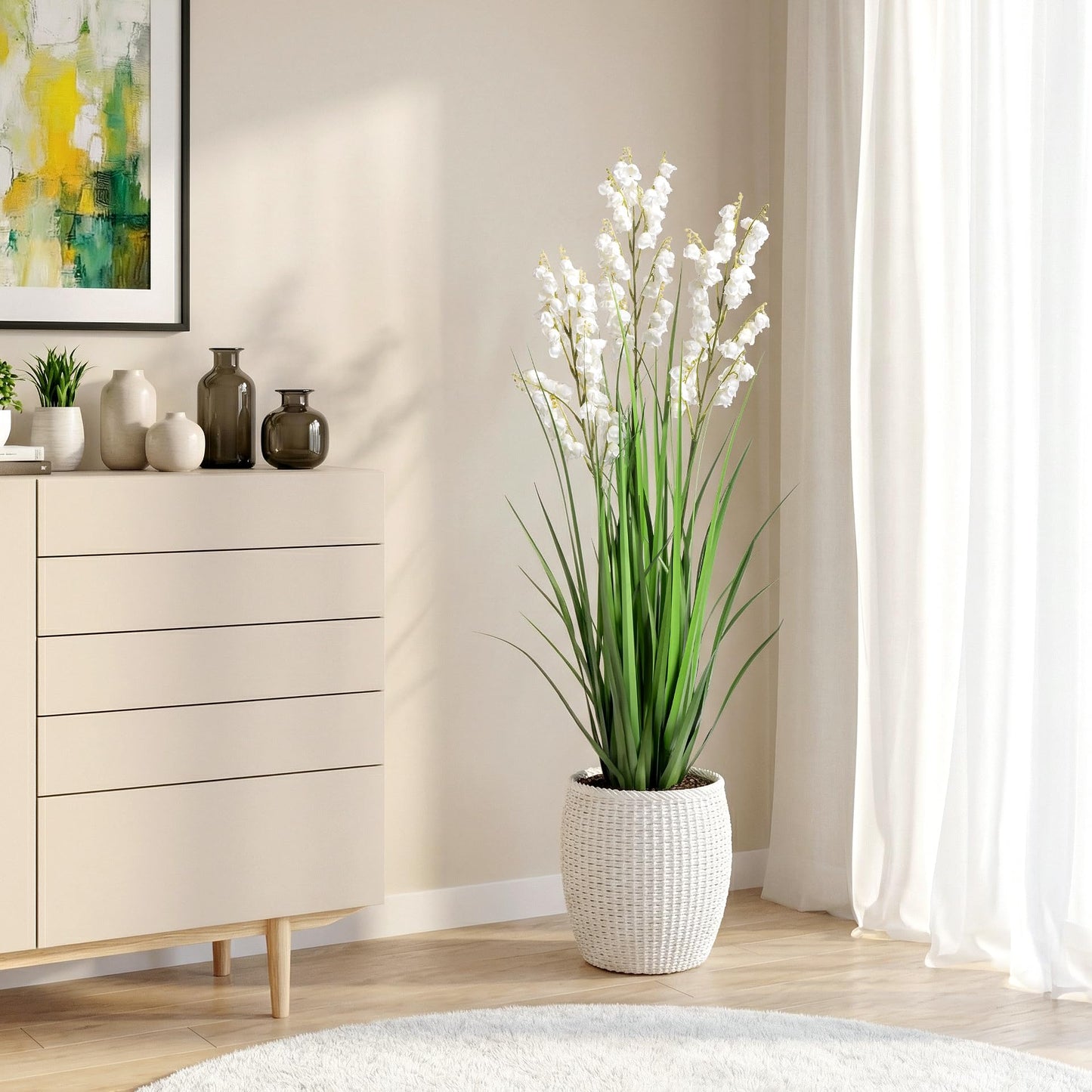 Ttranewsoo Artificial Tall Grass Plants with Pots 36" 1 Pack Lily of The Valley Artificial Grass Home Interior Decorating and Outdoor Garden Decorations(White)