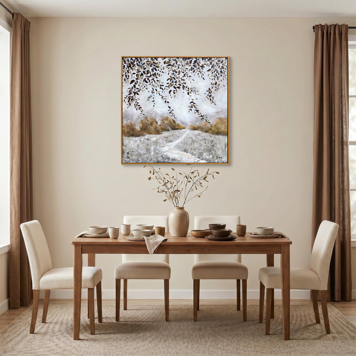 Eonzeun 32x32 Inch Square Framed Textured Canvas Wall Art, Modern Neutral Wabi-Sabi Abstract Landscape Painting for Living Room, Bedroom